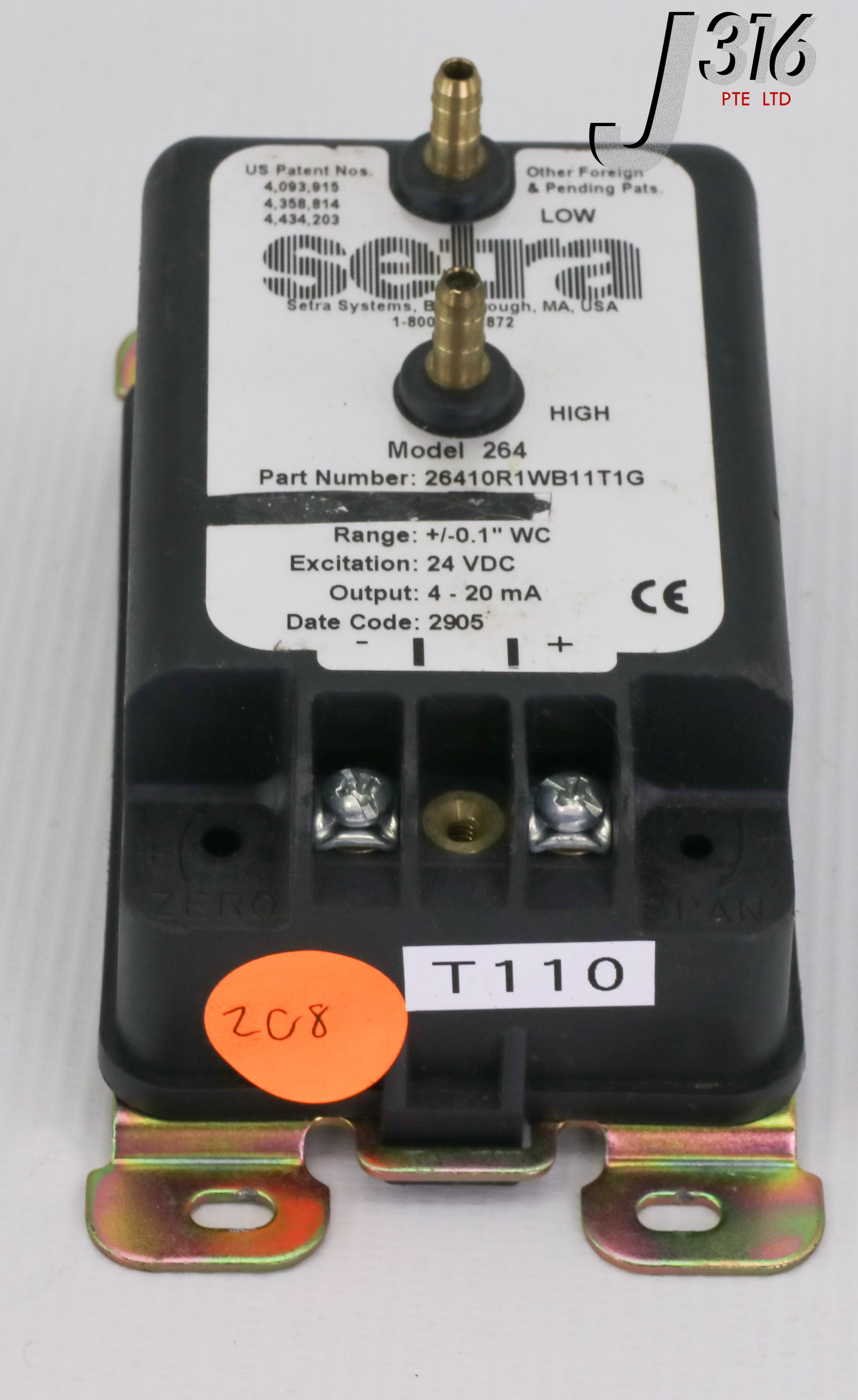 T110 SETRA DIFFERENTIAL PRESSURE TRANSDUCER, MODEL 264, +/-0.1″WC ...